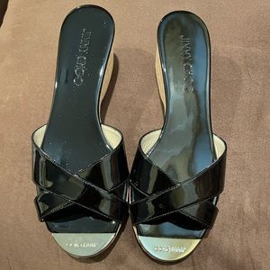 NEW Jimmy Choo Prima Black Patent Leather Wedge Sandals - NEVER WORN!